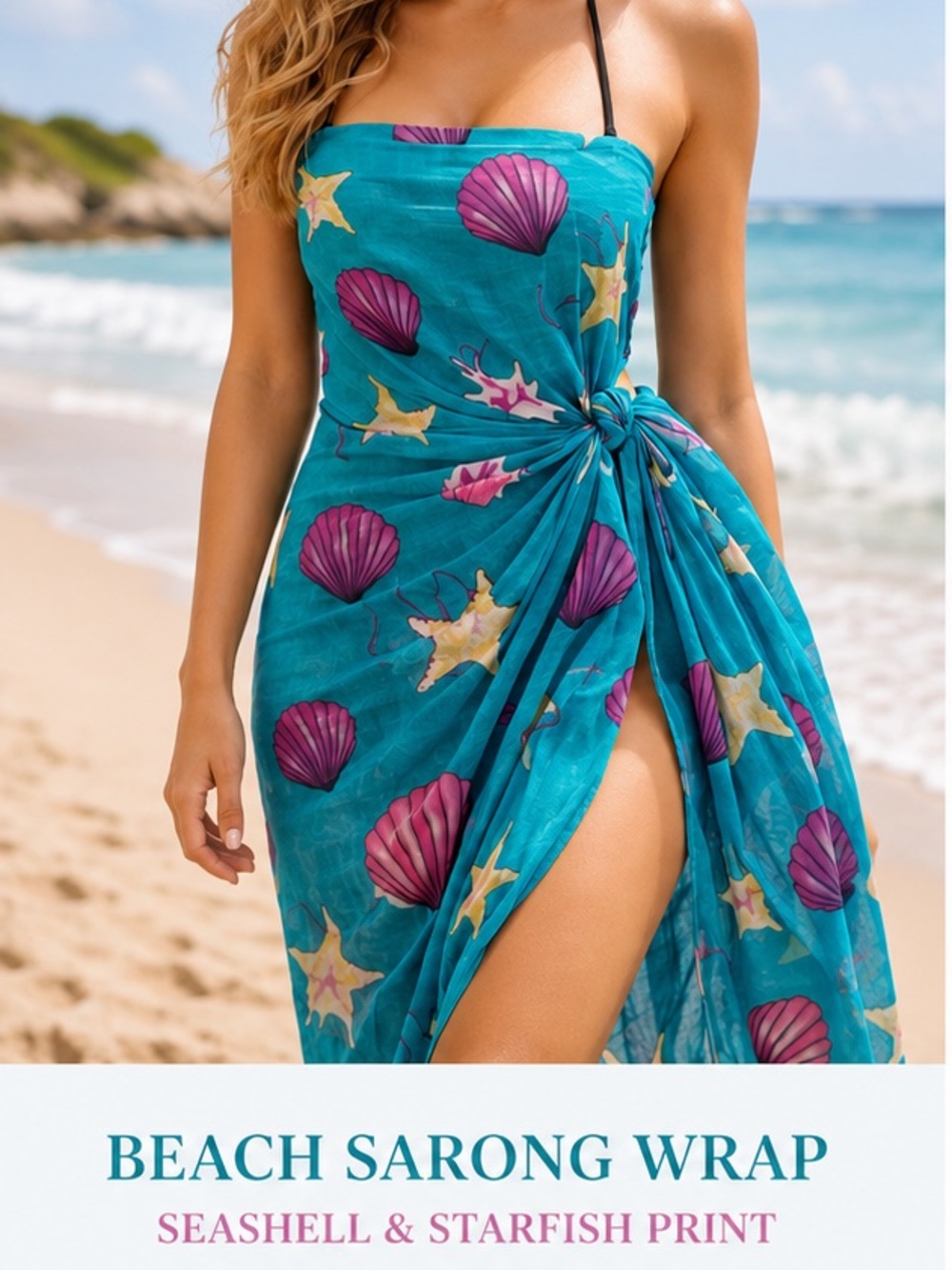Beach Cover Up Sarong Wrap Seashell Starfish Print Teal Tropical One Size